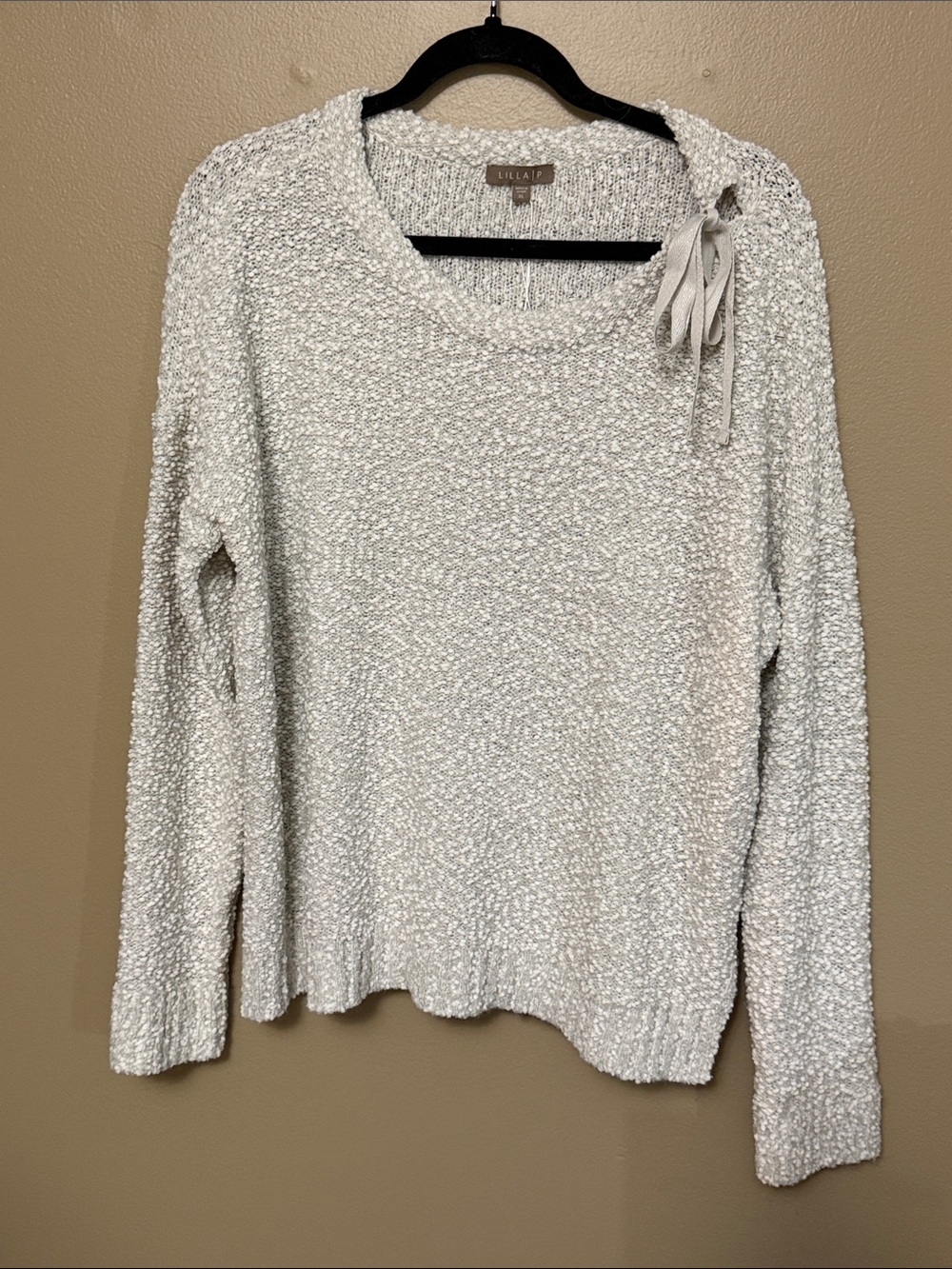 NWT Lilla P Cream Bouclé Scoop Neck Sweater with Shoulder Tie